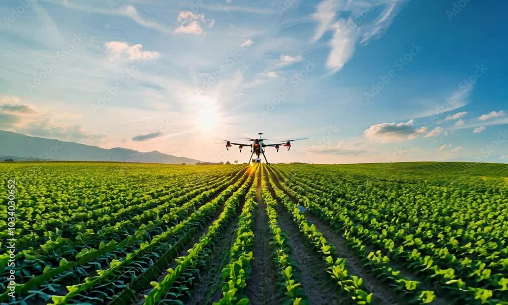 A drone flying over a lush green field, capturing agricultural data for crop management.