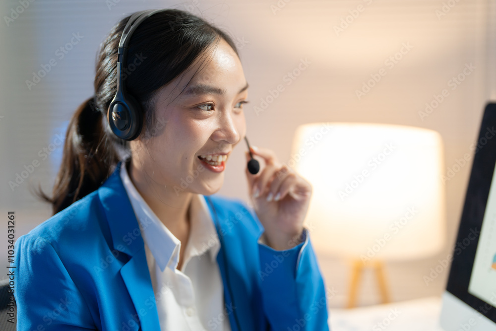 Young professional woman is working late and having a pleasant conversation using a headset in her brightly lit home office Young professional woman is working late and having a pleasant conversation using a headset in her brightly lit home office