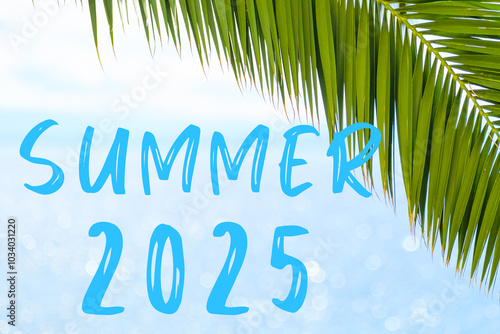 Summer 2025 text on the background with palm leaf and blue sea. Template of a greeting card, postcard or advertisement of a tour agency. 