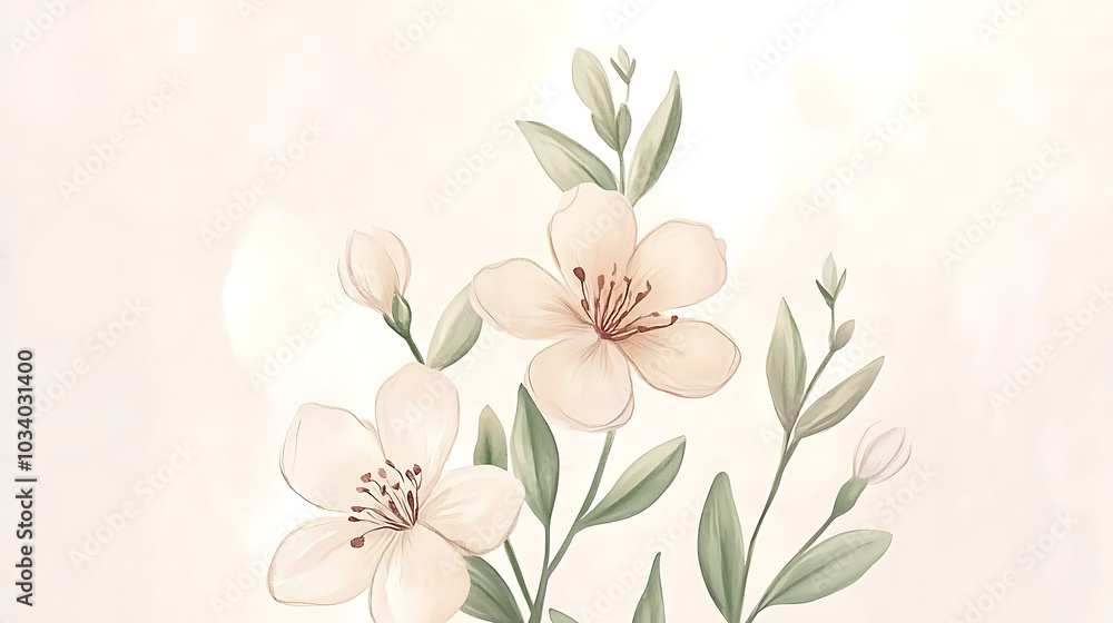hand painted botanical illustration featuring delicate flowers and green leaves, evoking sense of tranquility and natural beauty. soft colors and gentle details create serene atmosphere hand painted botanical illustration featuring delicate flowers and green leaves, evoking sense of tranquility and natural beauty. soft colors and gentle details create serene atmosphere