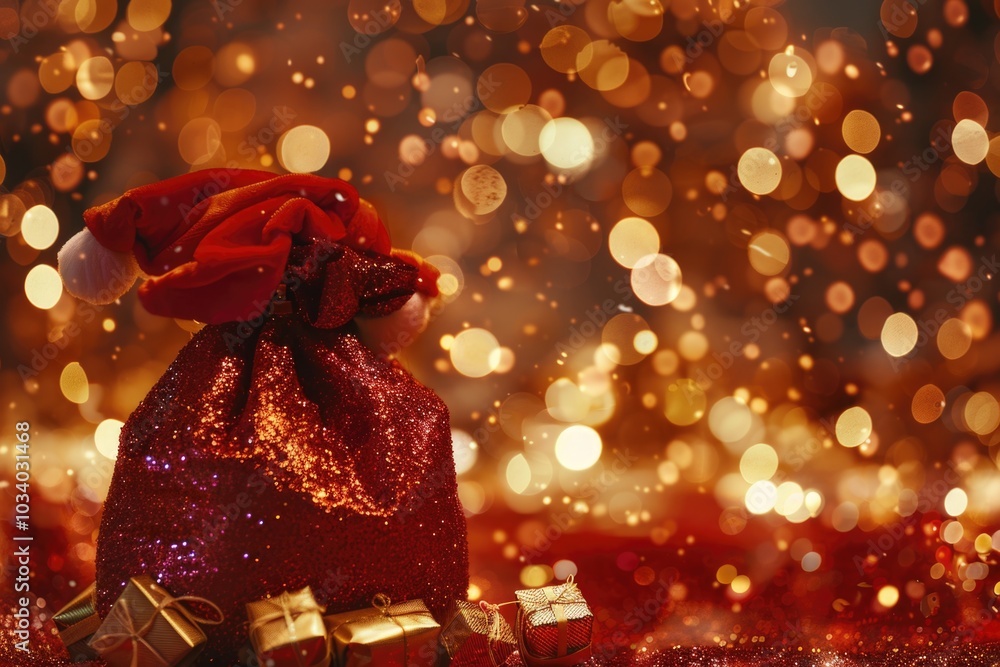 Obraz premium A Santa hat sits atop a bright red gift bag, ready for the holiday season