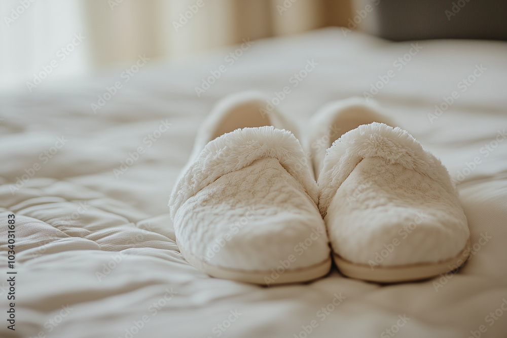 Fluffy slippers on a bed with warm lighting Fluffy slippers on a bed with warm lighting