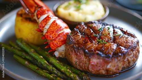 Gourmet Surf and Turf Dish Featuring Filet Mignon and Lobster Tail for Fine Dining photo