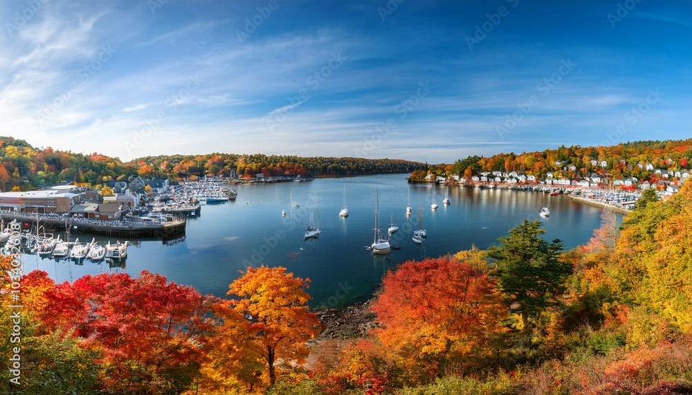 Fototapeta premium panorama of gig harbor during fall with the beautiful fall colors
