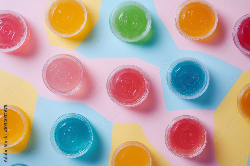 Colorful jelly cups on pastel background Colorful jelly cups on pastel background