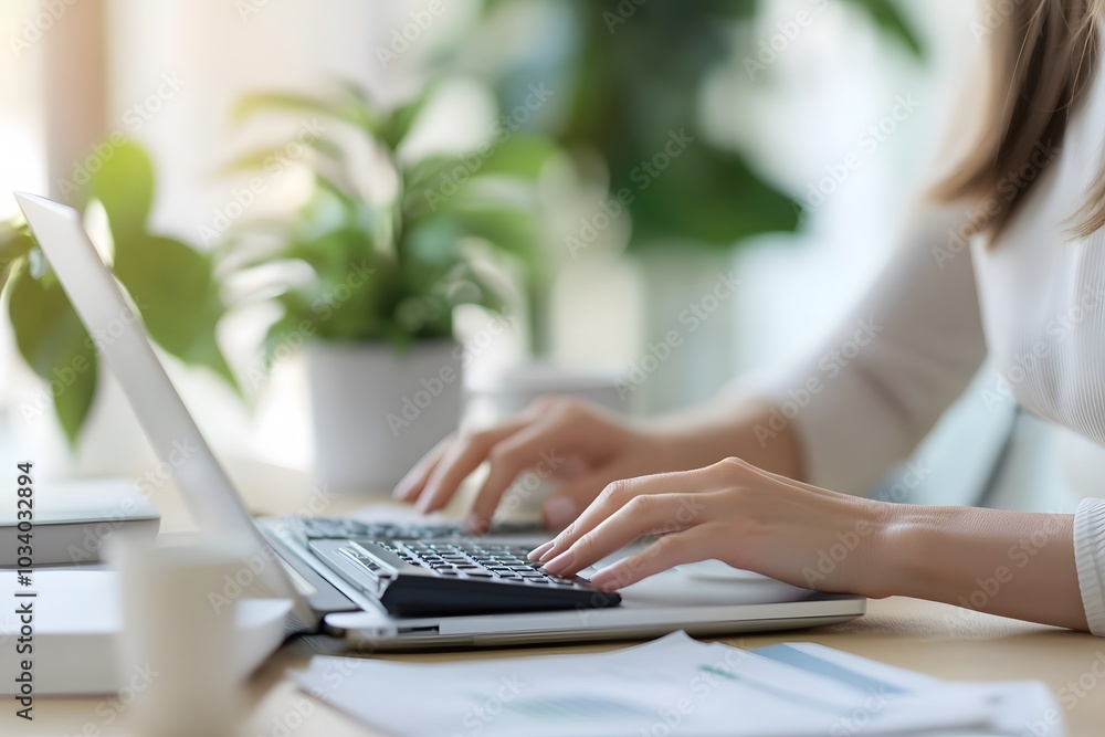 A woman's hand working on a laptop and calculator at a desk A woman's hand working on a laptop and calculator at a desk