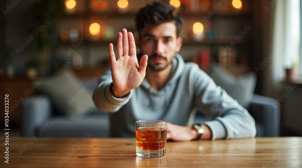At home, individual refuses a drink, highlighting the comfort in choosing not to consume alcohol At home, individual refuses a drink, highlighting the comfort in choosing not to consume alcohol