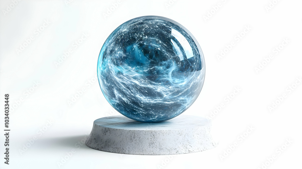 3D Crystal Ball Podium With Swirling Poll Results Concept | Close-Up Forecast Visualization on White Background 3D Crystal Ball Podium With Swirling Poll Results Concept | Close-Up Forecast Visualization on White Background