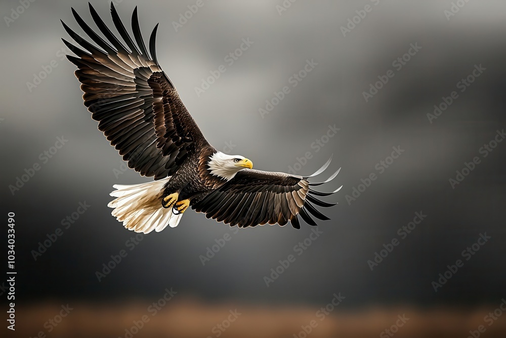 Fototapeta premium A majestic eagle soars through the sky, showcasing its powerful wings and striking plumage against a dramatic, blurred background.
