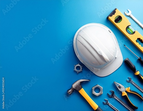 top view design concept of father s day with working tools on blue background photo