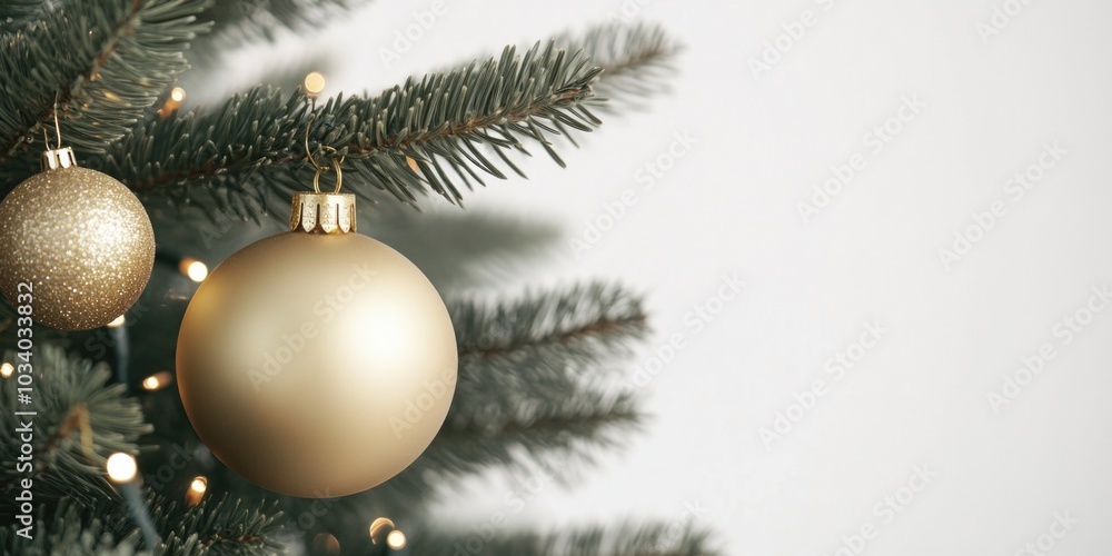 Fototapeta premium A shiny gold ornament hangs from a festive Christmas tree, perfect for holiday decorations