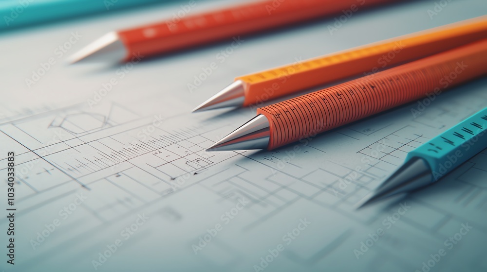 Realistic 3D geometry set with rulers, protractors, and triangles, scattered on a desk, soft light Realistic 3D geometry set with rulers, protractors, and triangles, scattered on a desk, soft light