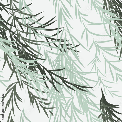 Seamless willow branches and leaves pattern, vector background tile template