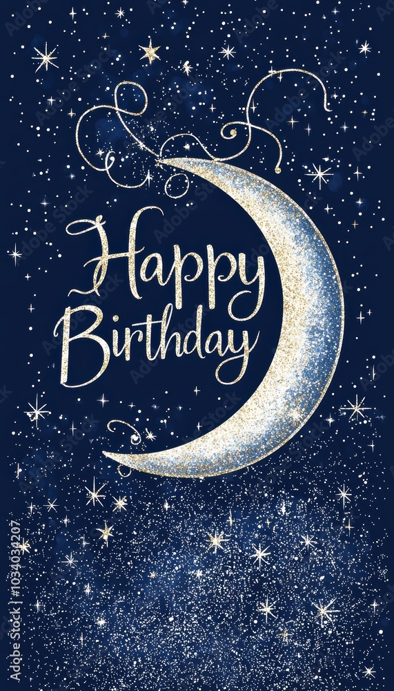 Fototapeta premium Celestial-Themed Birthday Card with Midnight Blue Background and Sparkling Stars