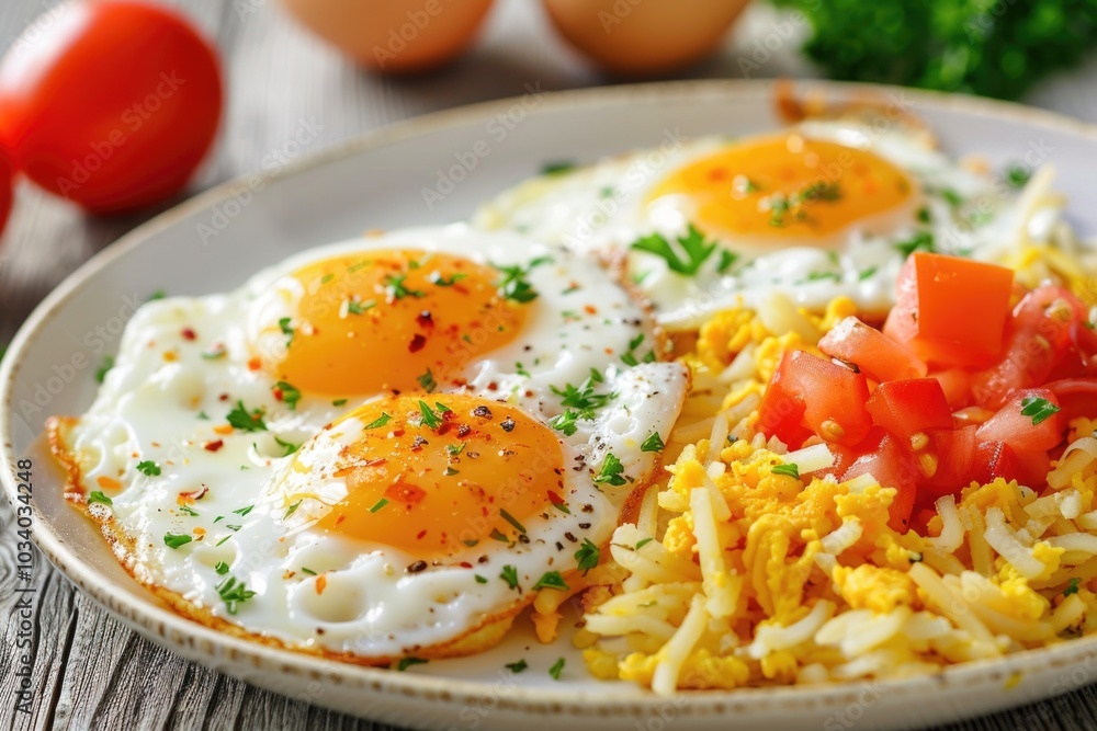 A simple meal consisting of fried eggs and rice with sliced tomatoes A simple meal consisting of fried eggs and rice with sliced tomatoes