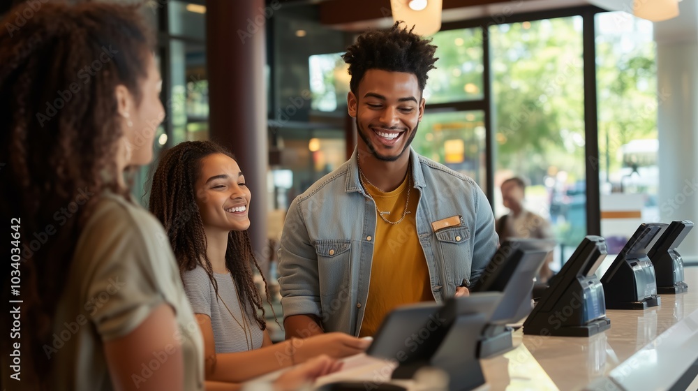 Friends enjoying drinks at a café during a bright afternoon, smiling and chatting together while placing their orders Friends enjoying drinks at a café during a bright afternoon, smiling and chatting together while placing their orders