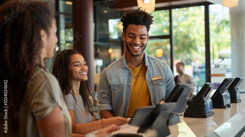 Friends enjoying drinks at a café during a bright afternoon, smiling and chatting together while placing their orders photo