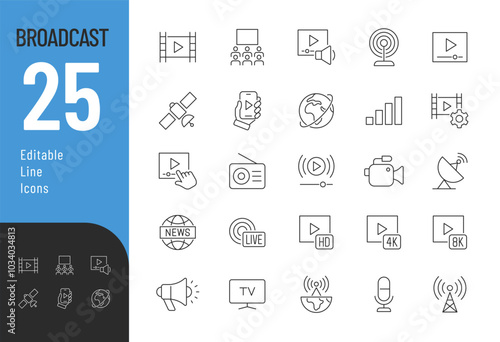 Broadcast line Editable Icons set. Vector illustration in modern thin line style of video related icons: player, media, production, and more. Pictograms and infographics for mobile apps