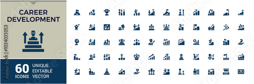 Career development solid icons set. Containing training, networking, goal setting, job rotation and more. Glyph flat icon collection. Editable and pixel perfect symbol for web and ui.