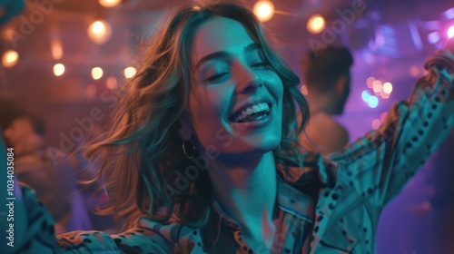 A woman smiles and dances at a lively party scene