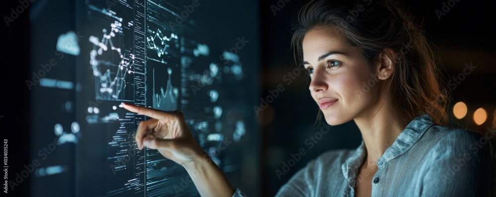A focused businesswoman utilizes AI technology to analyze customer feedback, showcasing modern data analytics and professional growth in a digital workspace. A focused businesswoman utilizes AI technology to analyze customer feedback, showcasing modern data analytics and professional growth in a digital workspace.