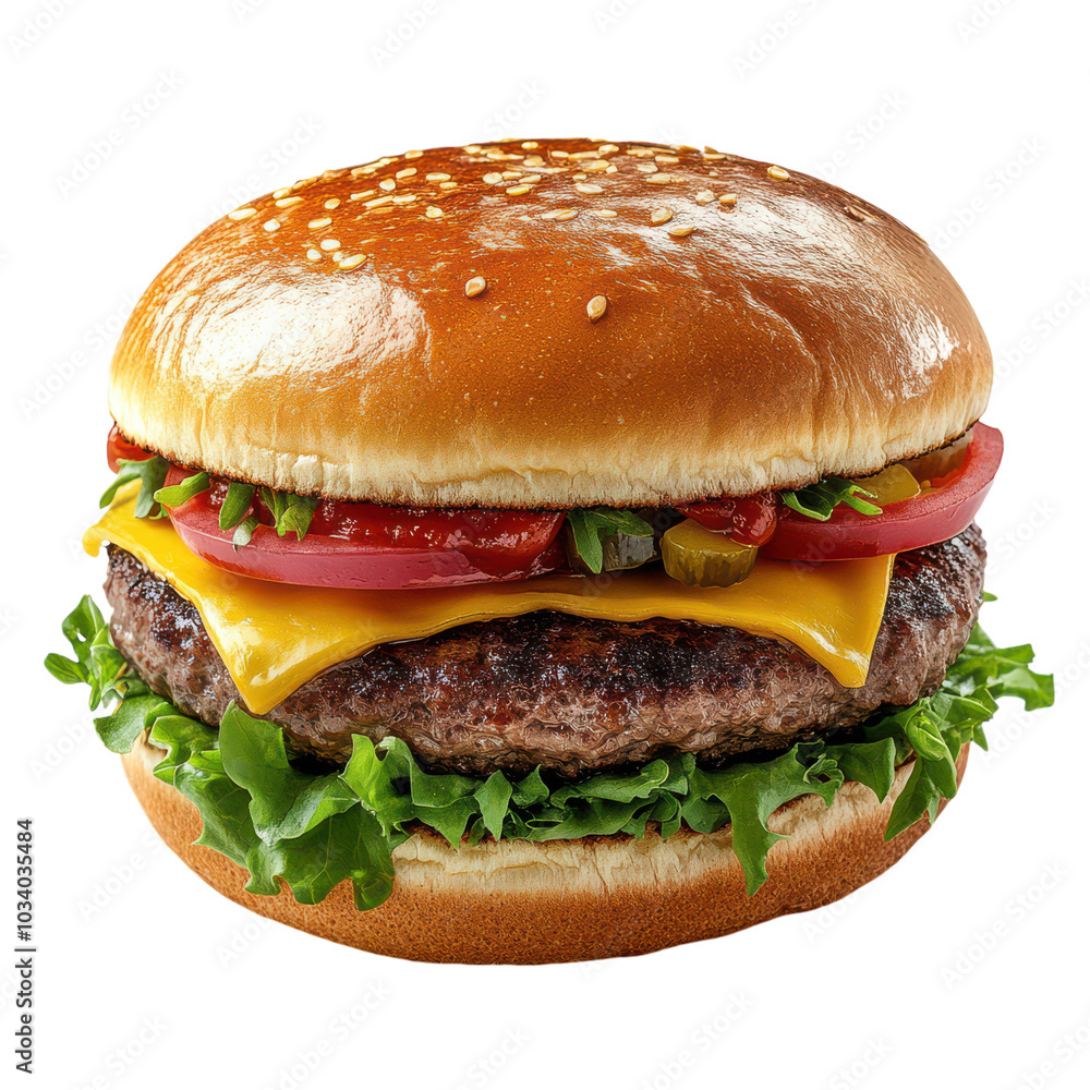Juicy cheeseburger topped with fresh vegetables and sesame bun Juicy cheeseburger topped with fresh vegetables and sesame bun