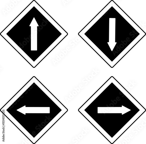 Black Road Signs with Directional Arrows. Vector Icons. Forward, Backward, Left, and Right