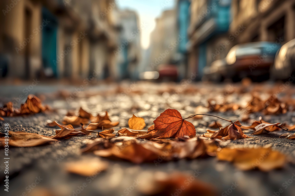 Yellow fall leaves lie on the old streets of Havana with classic architecture. The setting creates a nostalgic atmosphere. Yellow fall leaves lie on the old streets of Havana with classic architecture. The setting creates a nostalgic atmosphere.