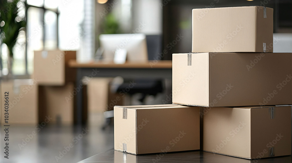 Neatly stacked moving boxes in minimalist office setting create organized and efficient workspace. clean lines and simplicity evoke sense of calm and productivity Neatly stacked moving boxes in minimalist office setting create organized and efficient workspace. clean lines and simplicity evoke sense of calm and productivity