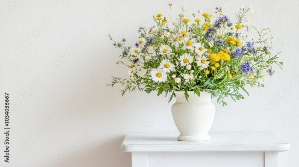 custom made wallpaper toronto digitalA white vase filled with a beautiful bouquet of wildflowers, including daisies, dandelions, and blue wildflowers, sits on a white table against a white wall.
