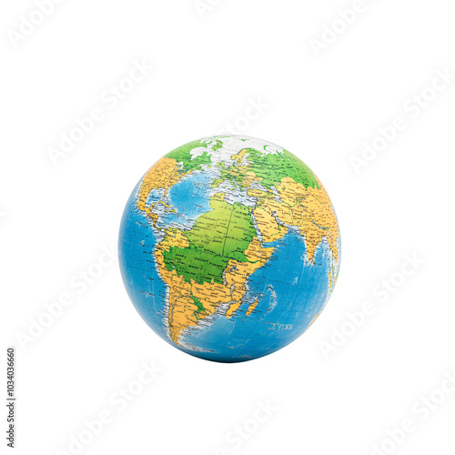 Globe model showing continents and oceans, white isolated background