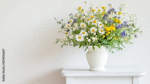 Wallpaper Mural A white vase filled with a beautiful bouquet of wildflowers, including daisies, dandelions, and blue wildflowers, sits on a white table against a white wall. Torontodigital.ca