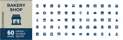 Bakery shop solid icons set. collection of cake, croissant, cupcake, stove, mixer, bakery ingredients and more. Filled icon for web and ui. glyph editable and pixel perfect symbol pack.