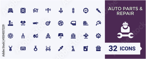 Set of solid icons with auto parts and repair. Containing electrical equipment, engines and other special equipment. Filled symbol for Auto parts store. Pixel prfect glyph icons pack.