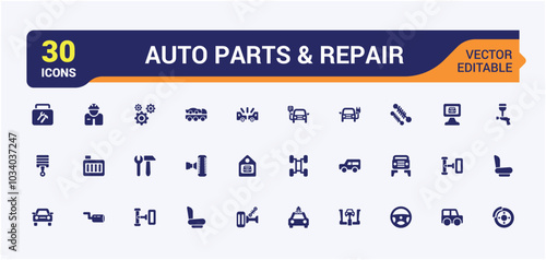 Set of solid icons with auto parts and repair. Containing electrical equipment, engines and other special equipment. Filled symbol for Auto parts store. Pixel prfect glyph icons pack.