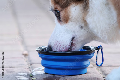 Pembroke Welsh Corgi puppy drinks water from a portable collapsible blue bowl. Walking with a dog in a city park. White and red corgi