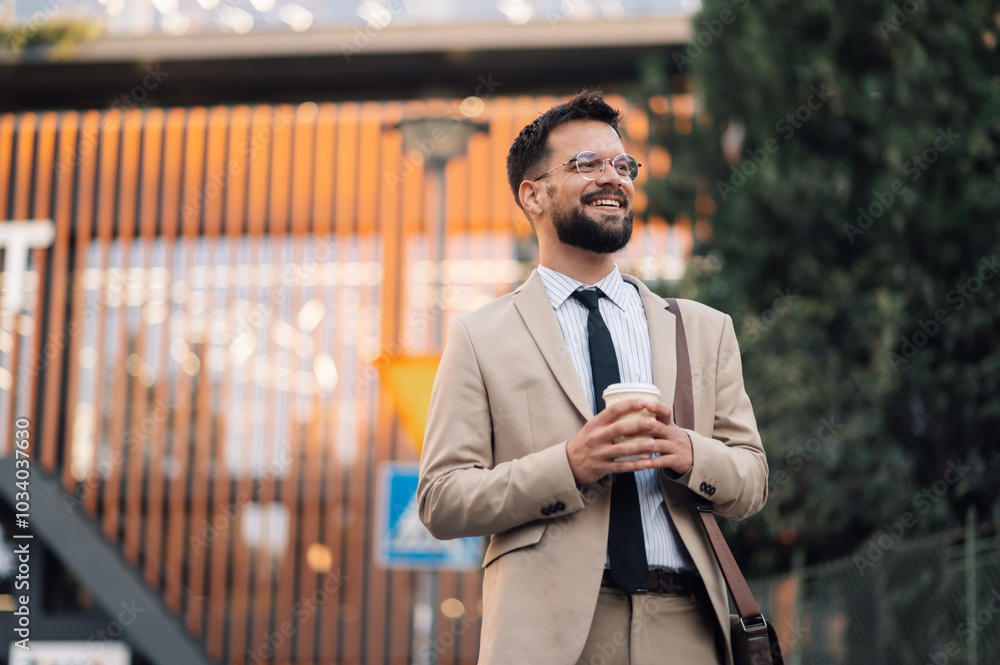 © Zamrznuti tonovi - Happy businessman holding coffee walking outside office building © Zamrznuti tonovi - Happy businessman holding coffee walking outside office building