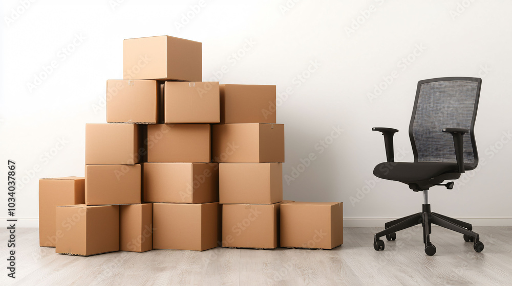 Stacked cardboard boxes create neat arrangement beside modern office chair, suggesting organized workspace ready for moving or storage Stacked cardboard boxes create neat arrangement beside modern office chair, suggesting organized workspace ready for moving or storage