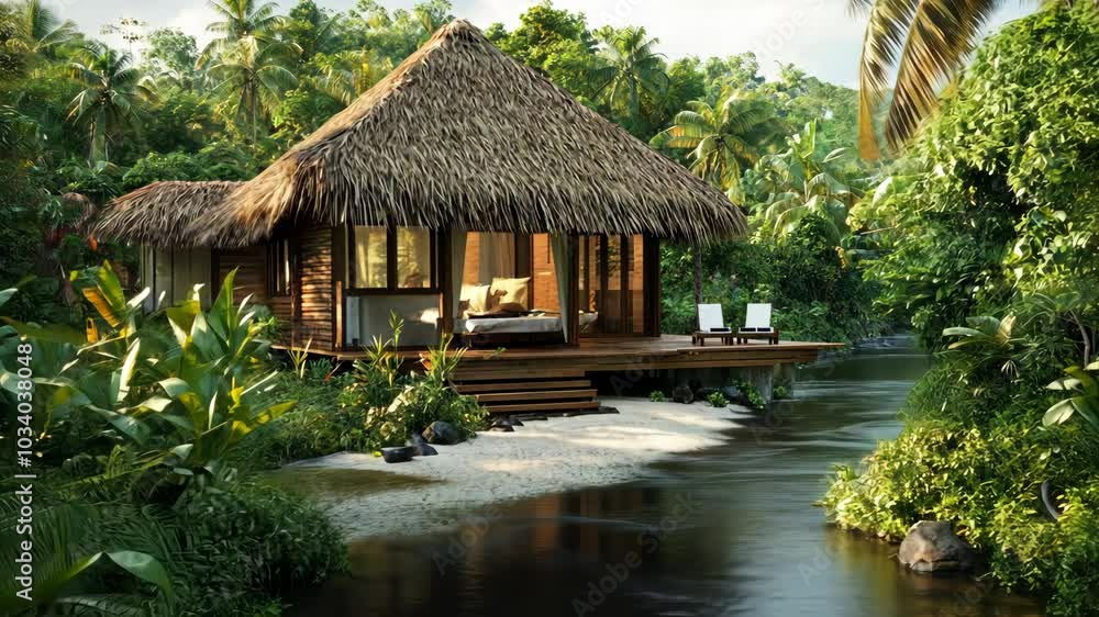 A cozy wooden cabin with a thatched roof sits on a small riverbank in a lush tropical jungle A cozy wooden cabin with a thatched roof sits on a small riverbank in a lush tropical jungle