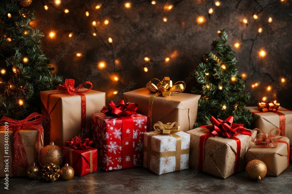 Low-angle Christmas backdrop with stars, presents, golden lights, and boho-draped green trees against a white wooden wall, dark vintage style. Low-angle Christmas backdrop with stars, presents, golden lights, and boho-draped green trees against a white wooden wall, dark vintage style.