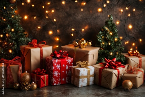 Low-angle Christmas backdrop with stars, presents, golden lights, and boho-draped green trees against a white wooden wall, dark vintage style.