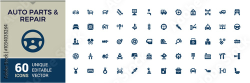 Set of solid icons with auto parts and repair. Containing electrical equipment, engines and other special equipment. Filled symbol for Auto parts store. Pixel prfect glyph icons pack.