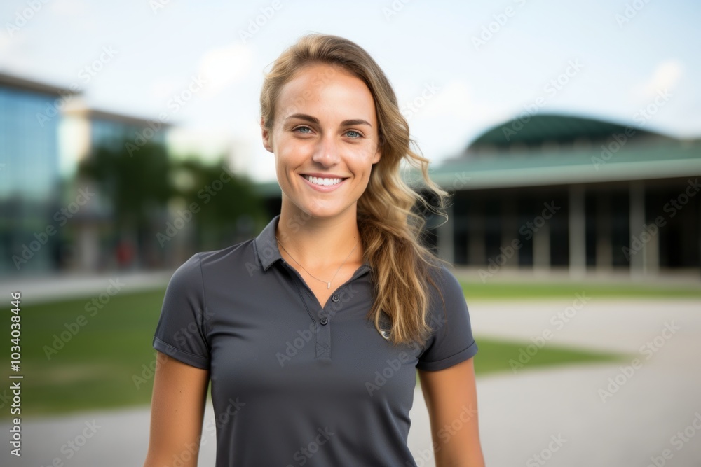 Portrait of a blissful woman in her 30s wearing a breathable golf polo in modern university campus background Portrait of a blissful woman in her 30s wearing a breathable golf polo in modern university campus background