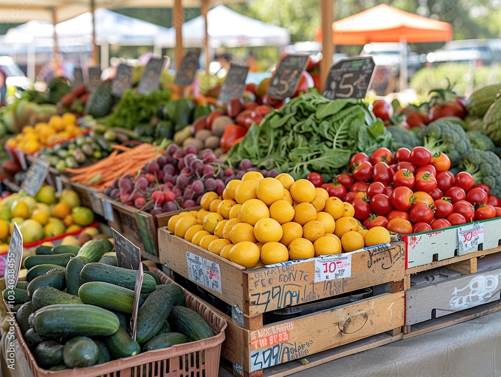 A vibrant farmers' market display featuring fresh fruits and vegetables in wooden crates. A vibrant farmers' market display featuring fresh fruits and vegetables in wooden crates.
