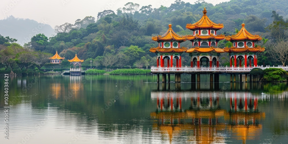 Obraz premium A traditional Asian-style pagoda sitting peacefully on calm water