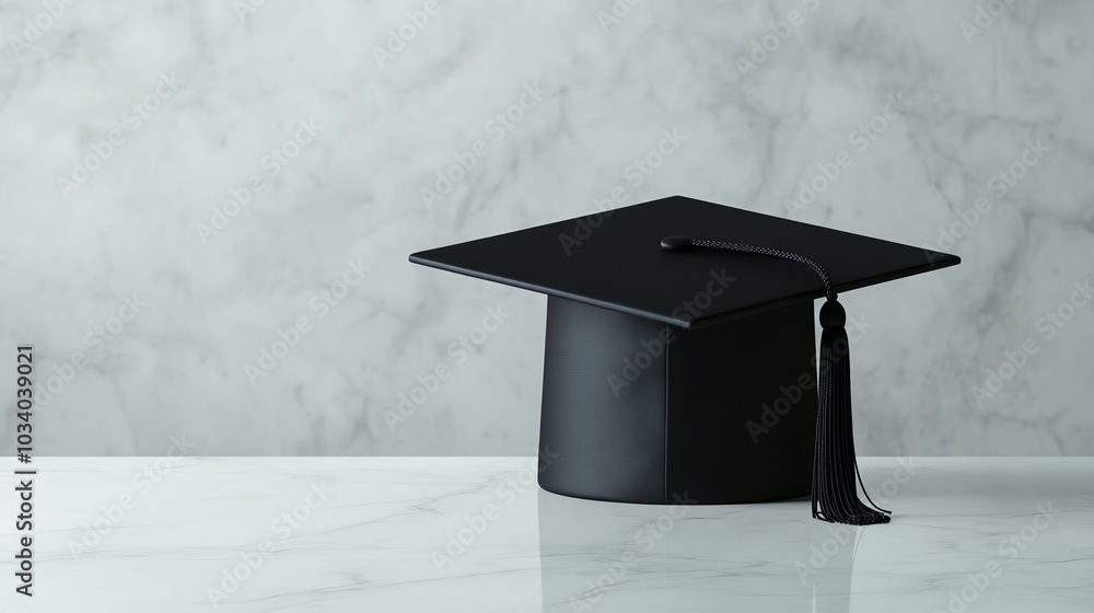 Black graduation cap placed on a marble table with a soft-focus background, symbolizing achievement and success in academic pursuits.