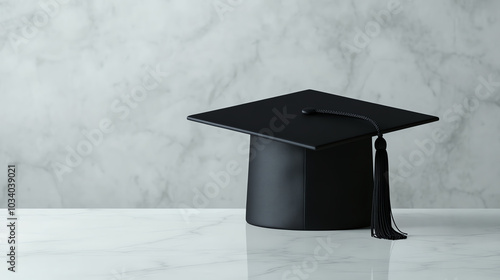Obraz na płótnie Black graduation cap placed on a marble table with a soft-focus background, symbolizing achievement and success in academic pursuits. w salonie