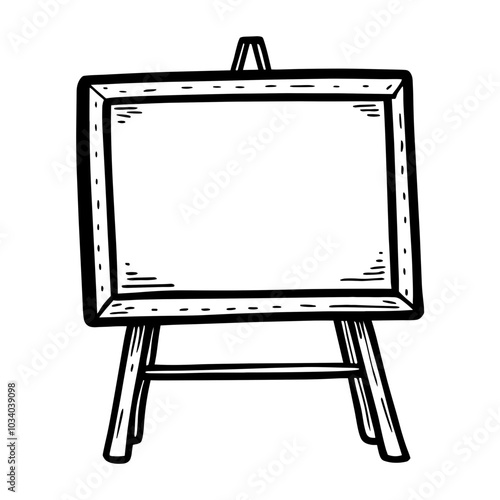 A black and white drawing of a wooden frame with a white board inside. The board is empty and the frame is made of wood. The drawing has a simple and clean look, with no additional details or colors