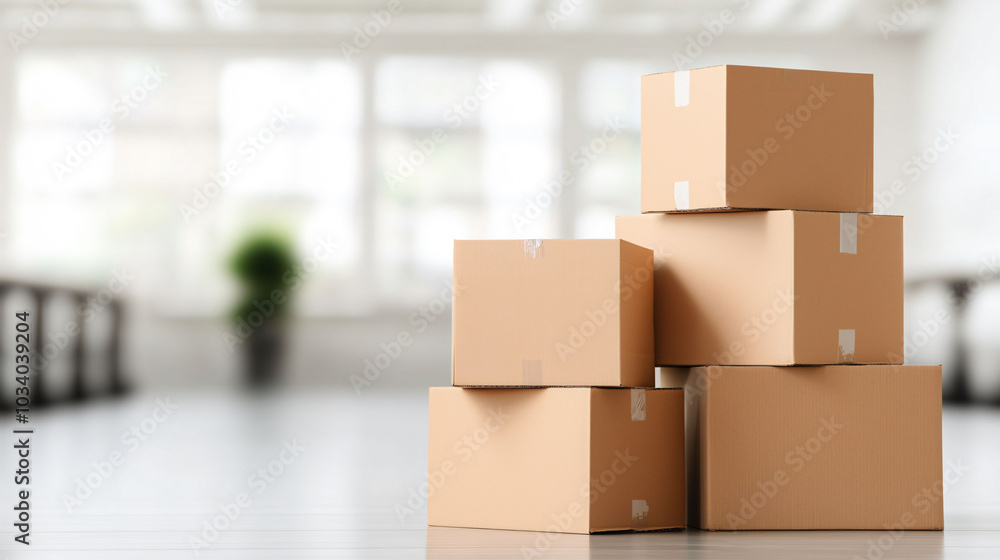 Neatly stacked cardboard boxes in spacious room create organized and tidy atmosphere, perfect for storage or moving. soft lighting enhances calm and orderly feel of space Neatly stacked cardboard boxes in spacious room create organized and tidy atmosphere, perfect for storage or moving. soft lighting enhances calm and orderly feel of space