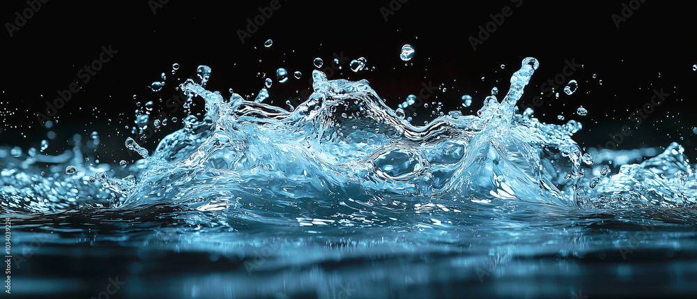 Dynamic splash of water captured mid-air against a black background, highlighting the motion and elegance, perfect for promoting water-related products or beverages. Dynamic splash of water captured mid-air against a black background, highlighting the motion and elegance, perfect for promoting water-related products or beverages.